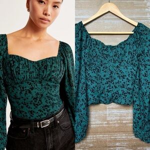 Abercrombie & Fitch Teal Green Black Floral Sweetheart Puff-Sleeve Top